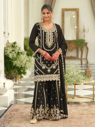 Indyancart IE Ethnic Motifs Embroidered Chinon Straight Sequinned Kurta With Palazzos & Dupatta
