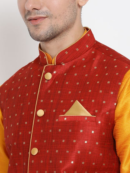 Men's Orange Silk Blend Straight Jacket  Kurta and Dhoti Set