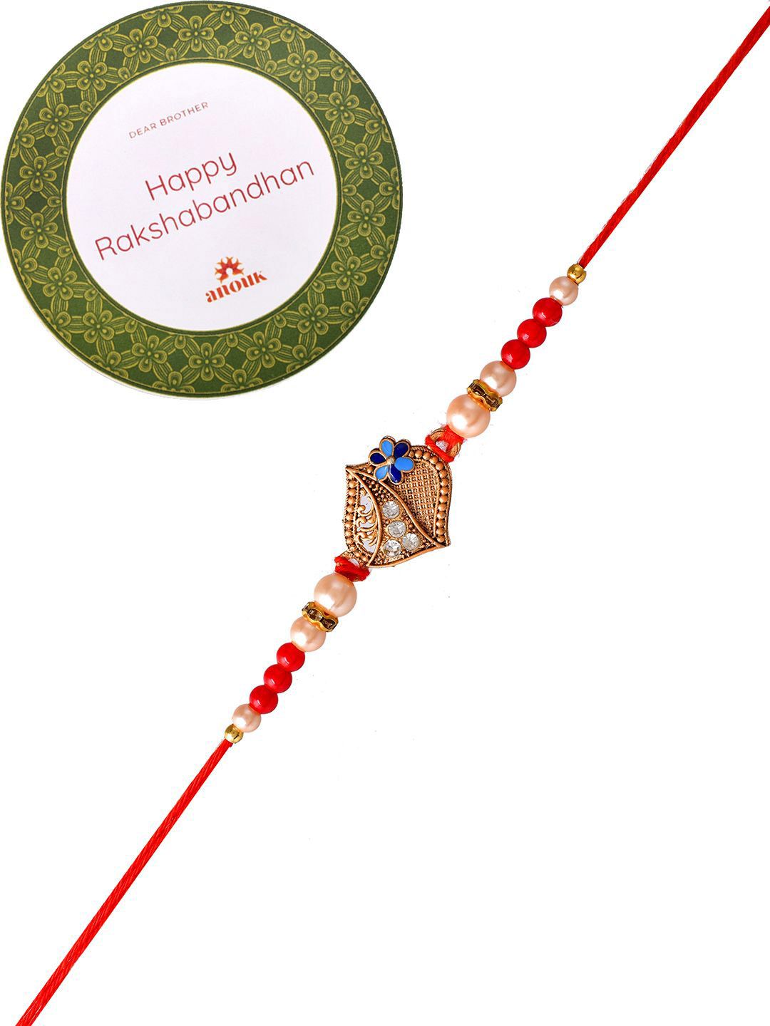 Anouk Gold-Toned Stone-Studded & Beaded Rakhi With Roli Chawal & Greeting Card