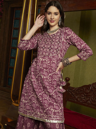 Indyancart SN Women's Floral Printed Pleated Mirror Work Pure Cotton Kurta with Sharara & Dupatta