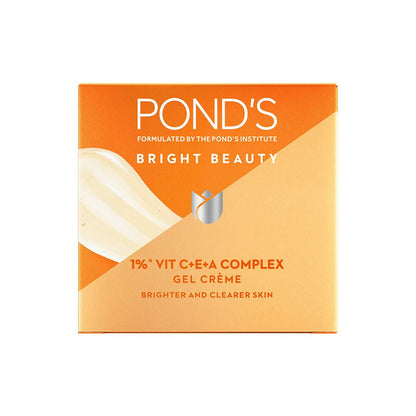 Ponds Bright Beauty 1% Vit C+E+A gel crème in a jar, showcasing its smooth texture and brightening skincare benefits.