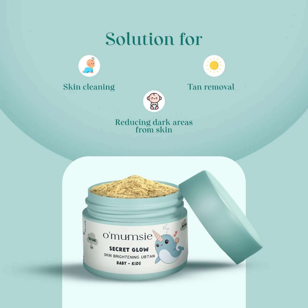 O'Mumsie Secret Glow Skin Brightening Baby Ubtan in a jar, natural baby body scrub for gentle skin brightening and soothing care.
