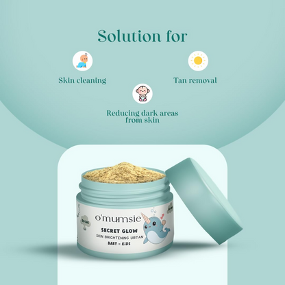 O'Mumsie Secret Glow Skin Brightening Baby Ubtan in a jar, natural baby body scrub for gentle skin brightening and soothing care.