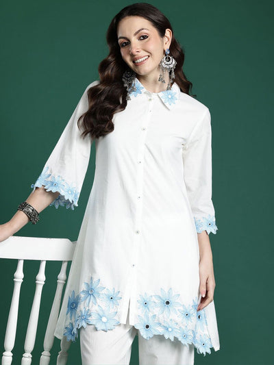 Indyancart IE Embroidered Pure Cotton Shirt Collar Tunic With Trousers Co-Ords