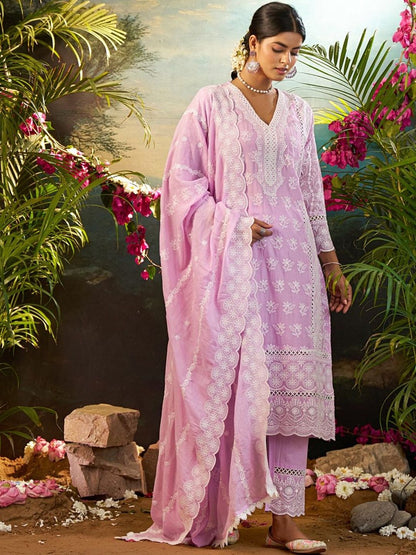 Women Ethnic Motifs Embroidered Regular Chikankari Pure Cotton Kurta with Trousers & With Dupatta