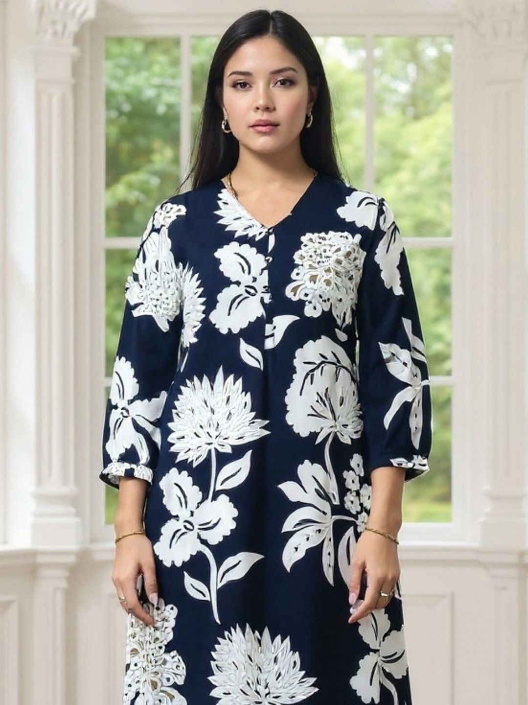 Floral Printed Screen Techinque Kurta With Trousers