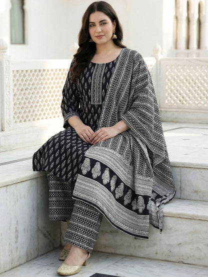 Indyancart Women's Ethnic Motifs Printed Mirror Work Pure Cotton Kurta with Palazzos & With Dupatta