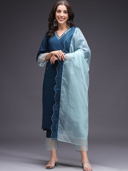 Indyancart SN Women's Geometric Embroidered Kurta with Trousers & Dupatta