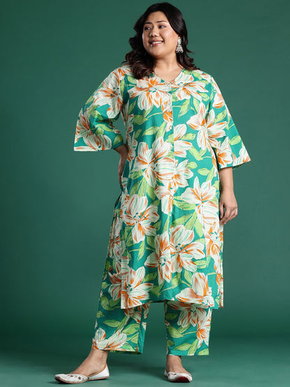 Floral Printed Round Neck Regular Pure Cotton Kurta with Trousers