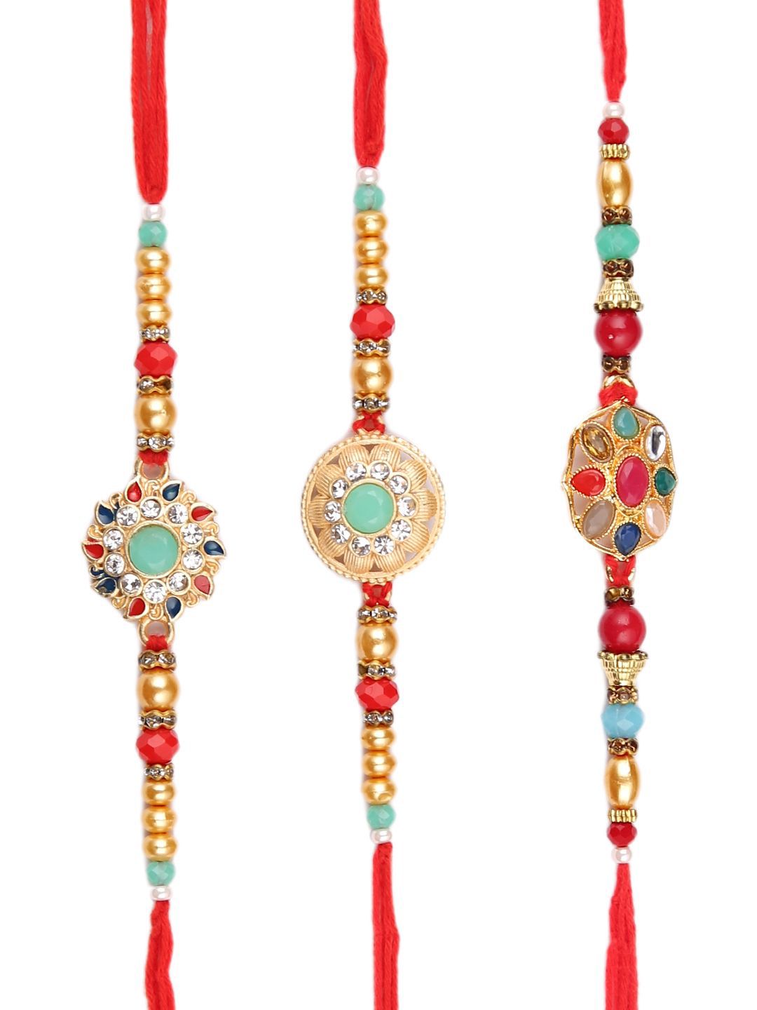 Anouk Set Of 3 Gold-Toned Kundan-Studded & Beaded Rakhi With Roli Rice & Greeting Card