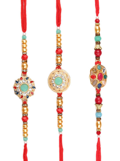 Anouk Set Of 3 Gold-Toned Kundan-Studded & Beaded Rakhi With Roli Rice & Greeting Card