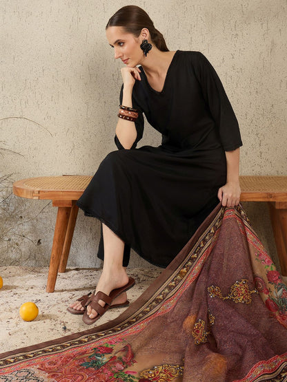 V-Neck A-Line Kurta With Trousers & Dupatta