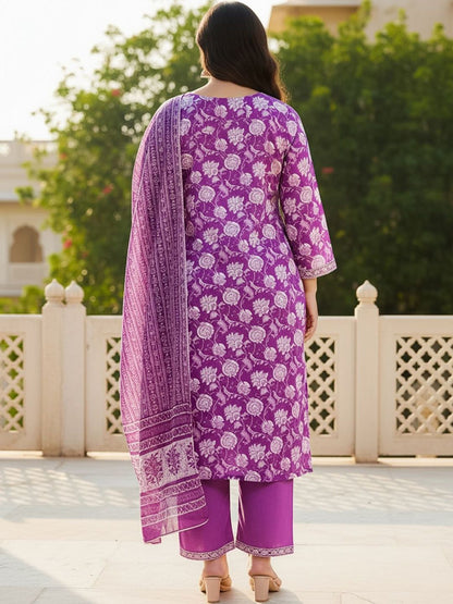 Indyancart Women's Floral Printed Regular Mirror Work Pure Cotton Kurta with Trousers & With Dupatta