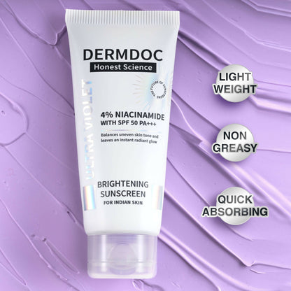Dermdoc 4% Niacinamide Brightening Sunscreen with SPF 50 PA+++ showing a tube of Dermdoc sunscreen with brightening formula