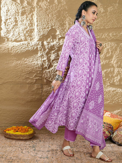 Indyancart IE Women Floral Printed Panelled Pure Cotton Kurta with Trousers & Dupatta