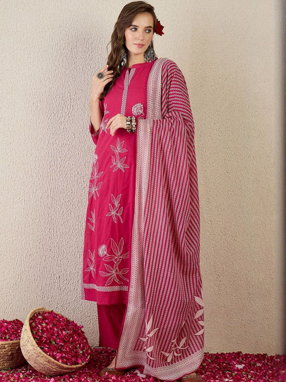 Women Embroidered Thread Work Pure Cotton Kurta with Trousers & Dupatta