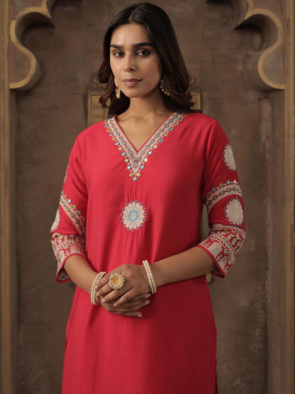 Floral Embroidered V-Neck Thread Work Straight Kurta With Trousers
