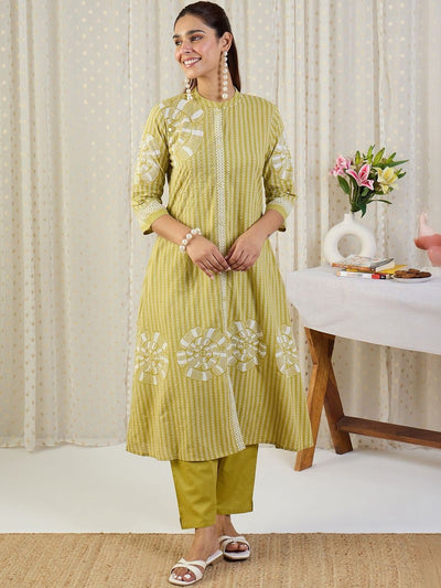 Indyancart IE Floral Printed Mandarin Collar Pure Cotton A-Line Kurta With Trousers