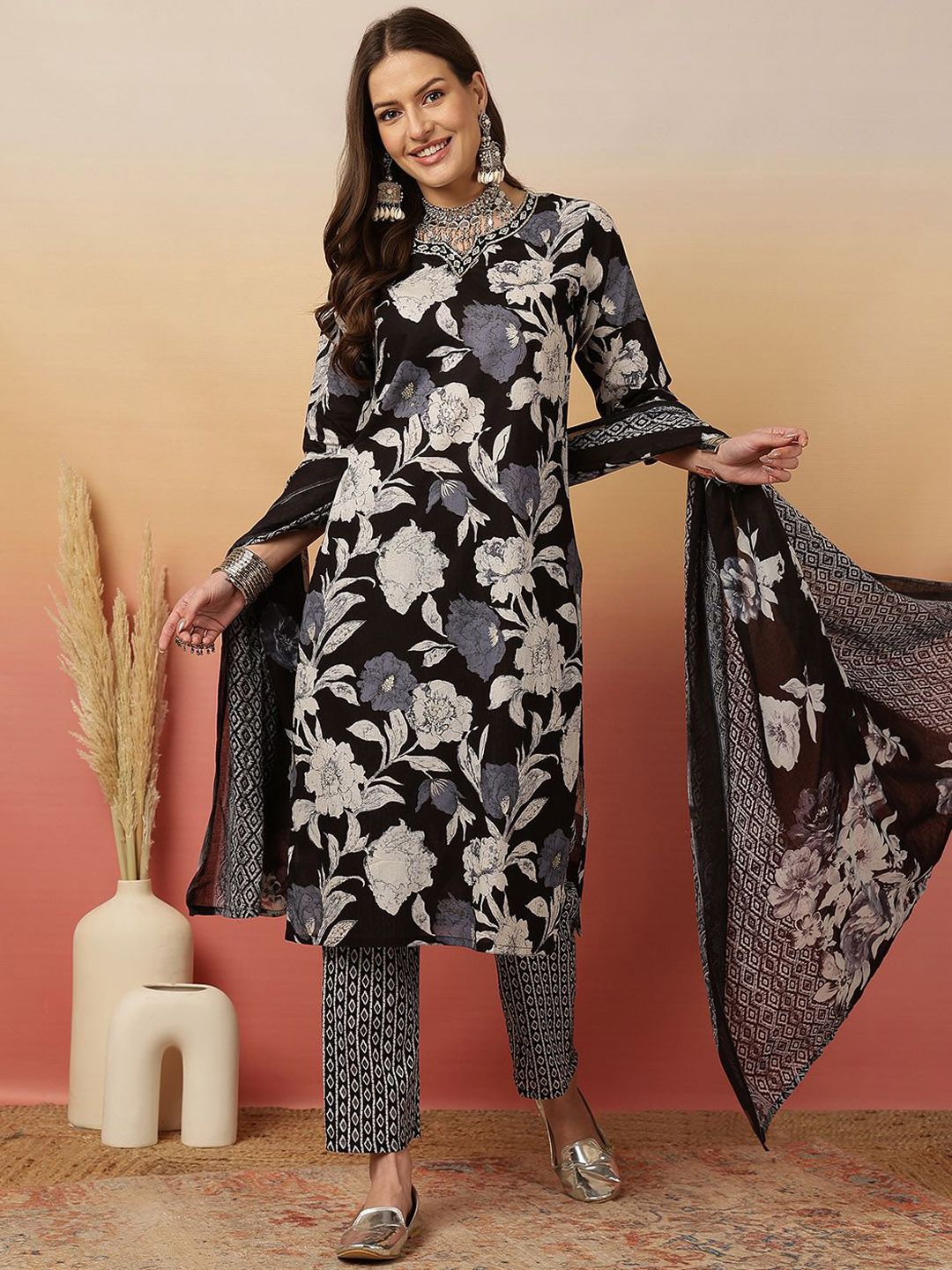Indyancart SN Women's Floral Printed Adda Work Cotton Kurta With Trouser & Dupatta
