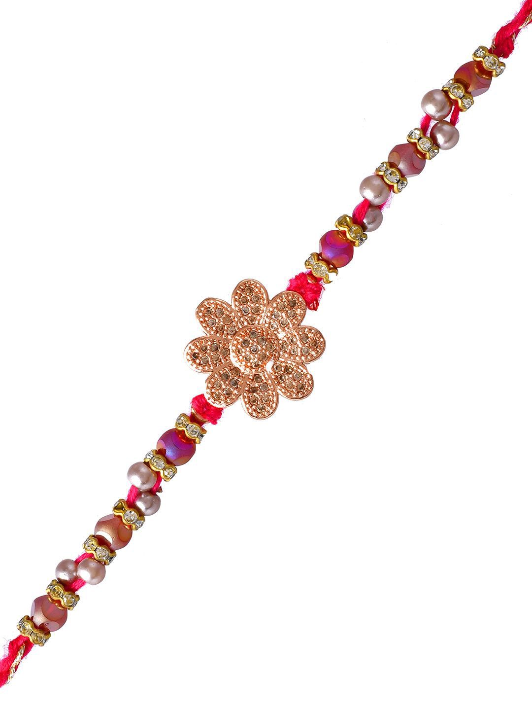 Anouk Gold Toned Beaded Floral Rakhi With Roli Chawal & Greeting Card