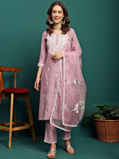 Indyancart SN Women's Mauve Floral Embroidered Round Neck Mirror Work Kurta With Trouser & Dupatta