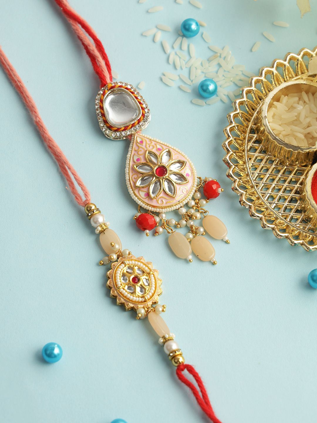 Anouk Red Stone Studded & Beaded Bhaiya Bhabhi Thread Rakhis With Roli Chawal