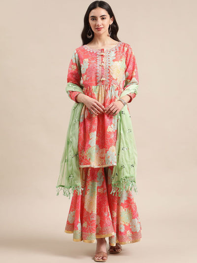 Indyancart VA Women'sFloral Printed Empire Mirror Work Anarkali Kurta with Sharara & With Dupatta