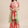 Dhiyona VA Women'sFloral Printed Empire Mirror Work Anarkali Kurta with Sharara & With Dupatta