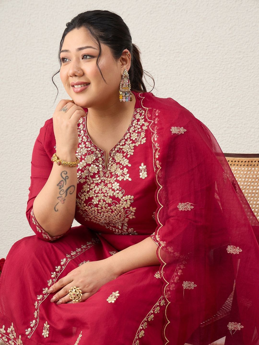 Indyancart Women's Ethnic Motifs Embroidered Regular Kurta with Trousers & With Dupatta