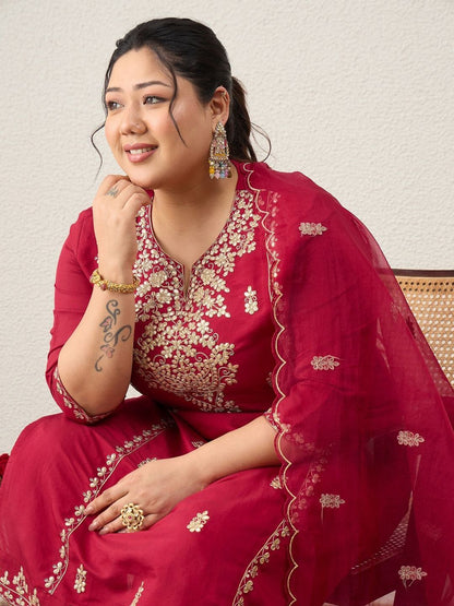 Indyancart Women's Ethnic Motifs Embroidered Regular Kurta with Trousers & With Dupatta