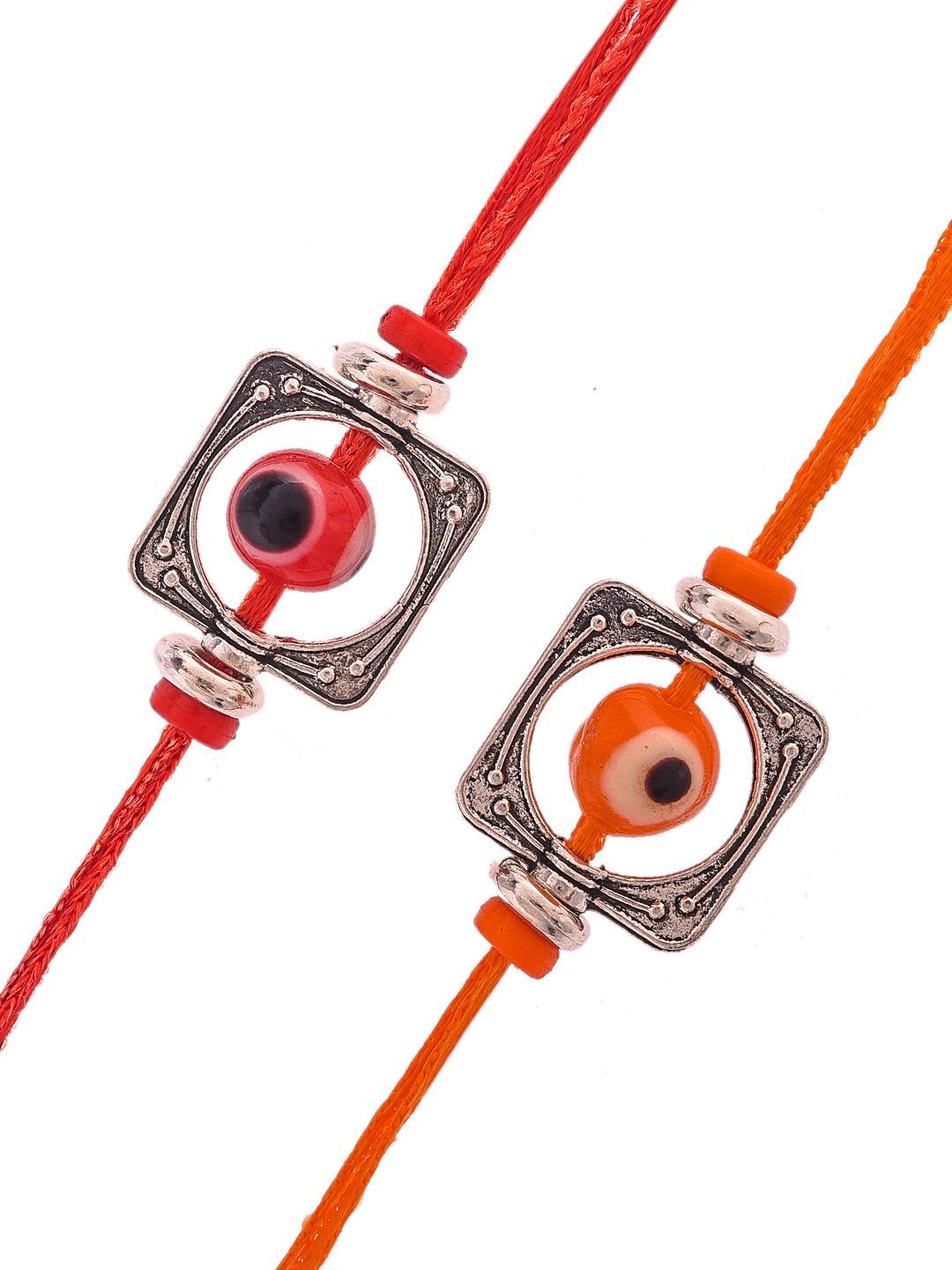 Anouk Silver Toned Set Of 2 Beaded Thread Rakhis With Roli Chawal & Greeting Card
