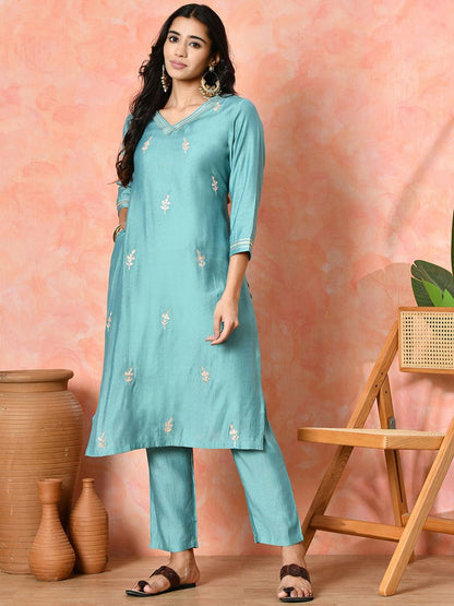 Indyancart SN Women's Solid Embroidered Kurta with Trousers & Dupatta