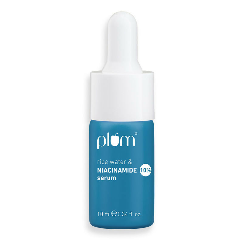 Plum Niacinamide Brightening Face Serum with rice water, featuring a dropper, designed to fade blemishes and dark spots.