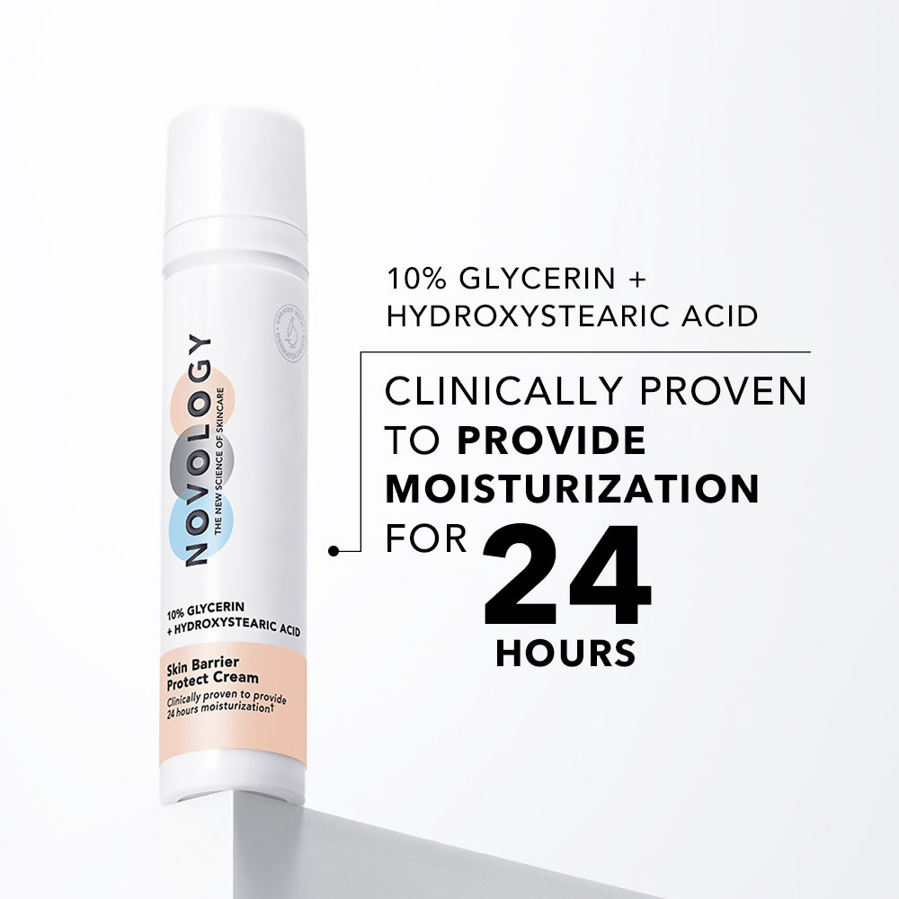 Novology Skin Barrier Moisturizer for dry skin in a white jar, showing creamy texture and hydrating formula for face skincare.