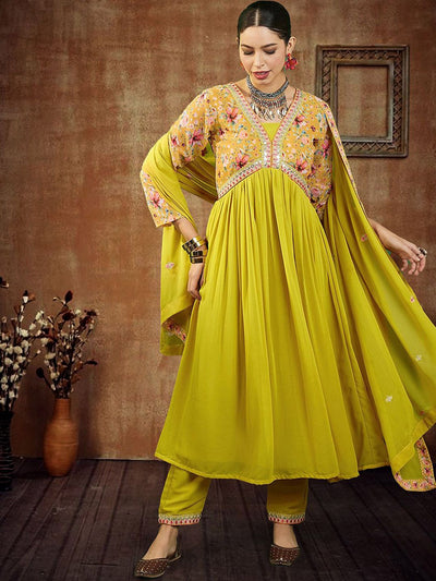 Indyancart SN Women's Floral Yoke Design Empire Sequinned Georgette A-Line Kurta With Trouser & Dupatta