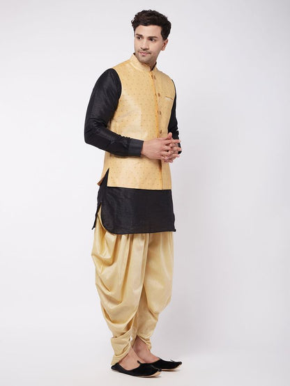 Men's Black Silk Blend Straight Jacket  Kurta and Dhoti Set