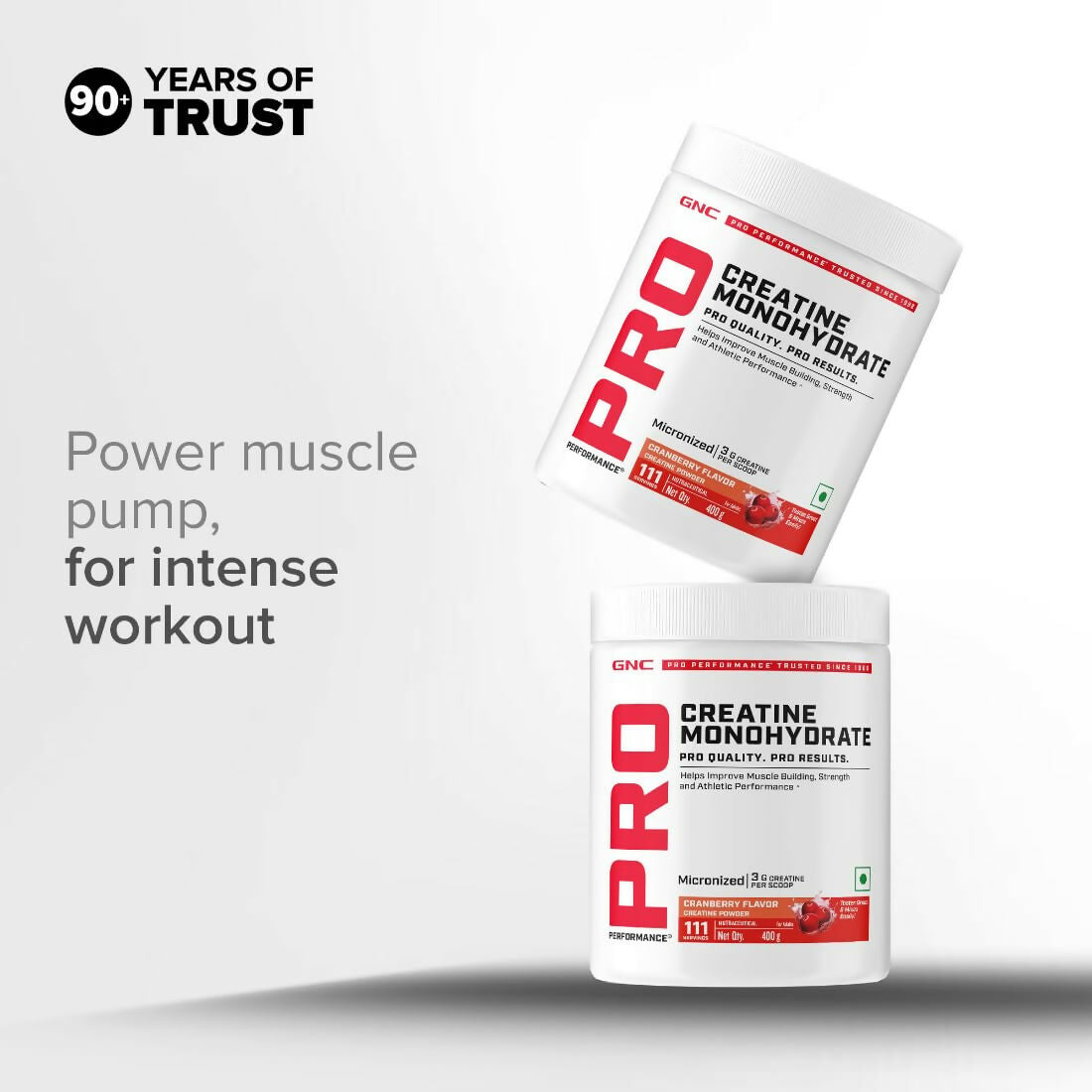 GNC Pro Performance Creatine Monohydrate Cranberry Ayurvedic protein powder container with label and scoop