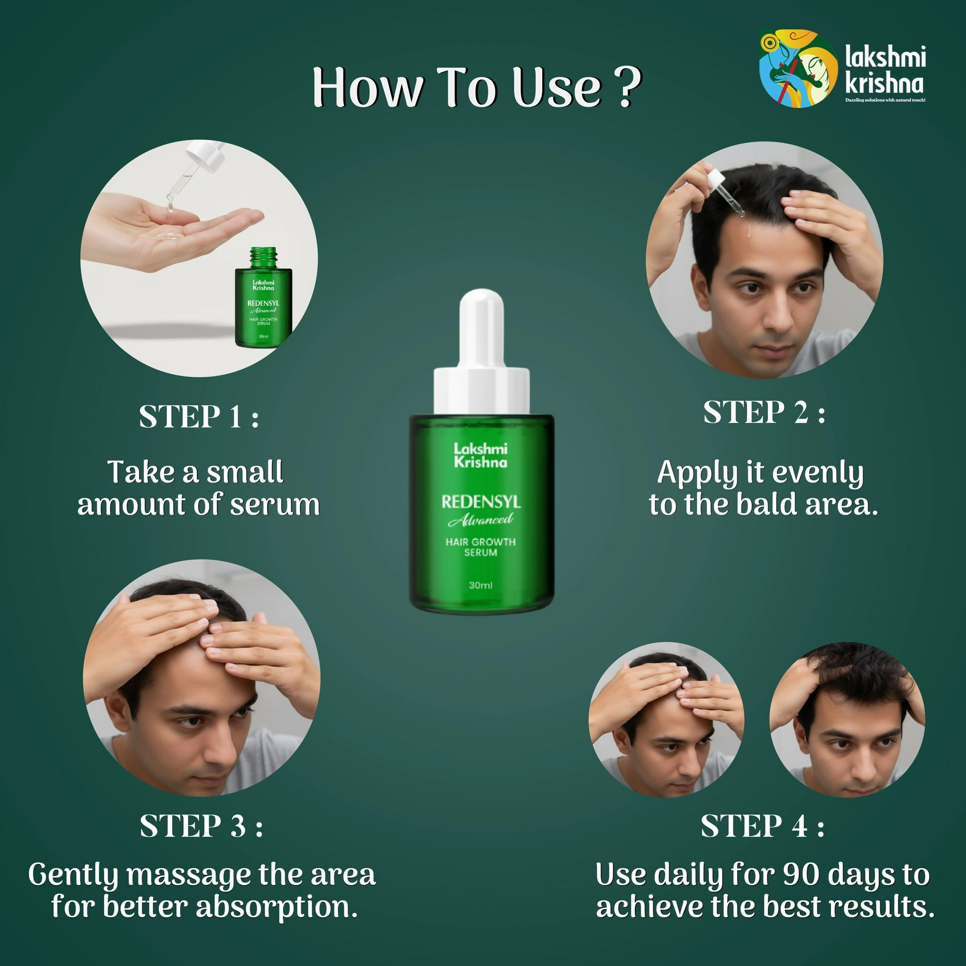 Lakshmi Krishna Naturals Redensyl Hair Growth Serum bottle with dropper for advanced hair care and stimulating hair growth.