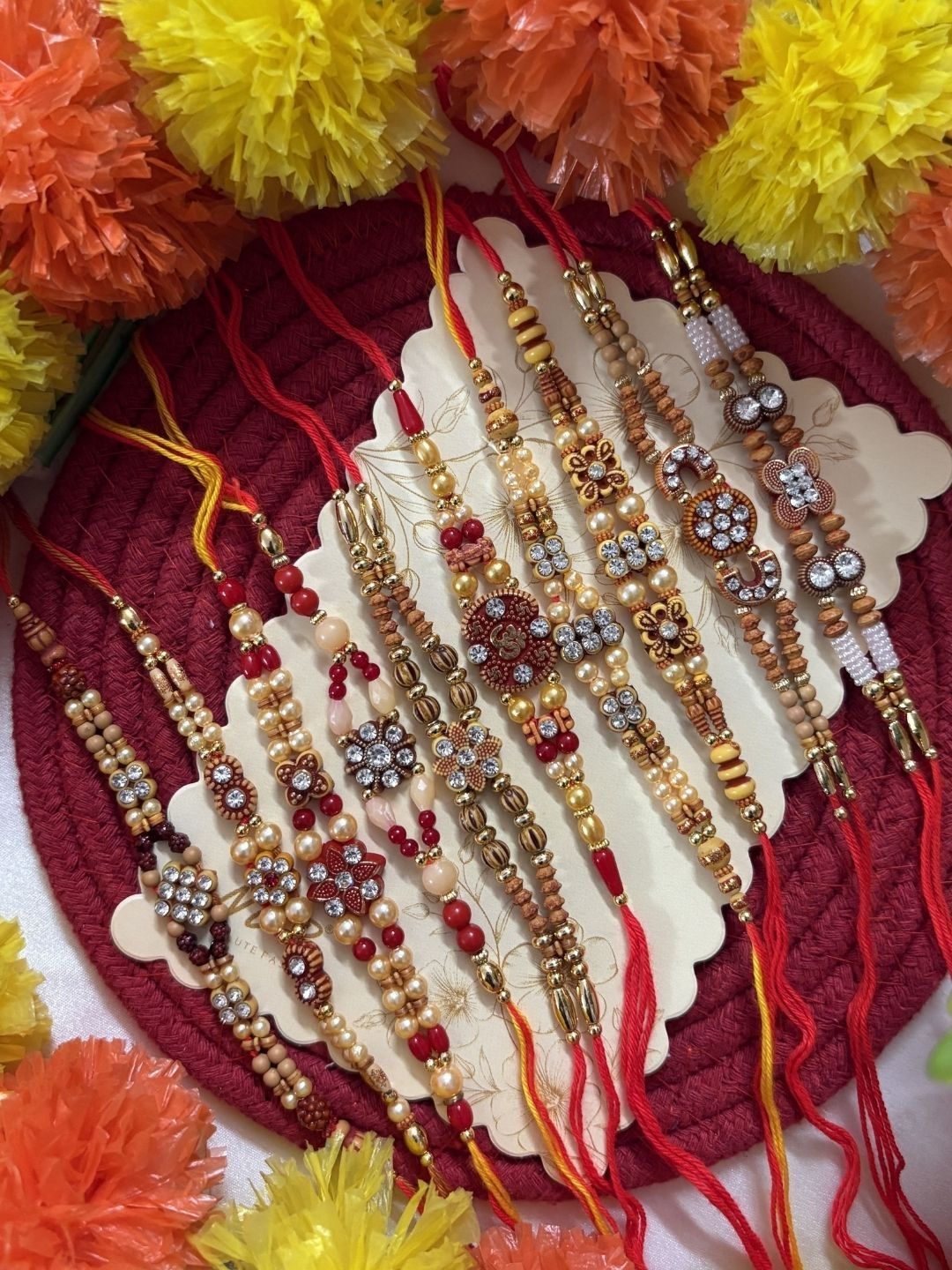 Anouk Set Of 10 Artificial Stones & Beads Thread Rakhi With Roli Chawal Chandan Mishri