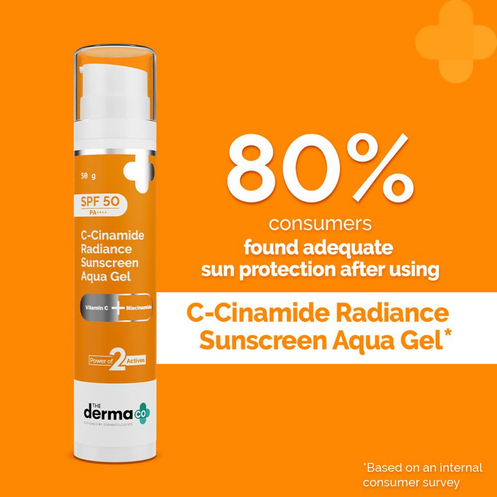 The Derma Co C-Cinamide Radiance Sunscreen Aqua Gel with SPF 50, lightweight gel formula in a white tube with blue accents