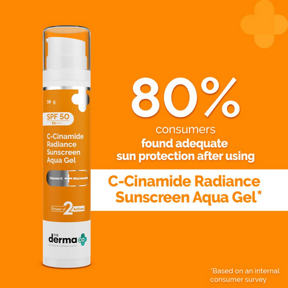 The Derma Co C-Cinamide Radiance Sunscreen Aqua Gel with SPF 50, lightweight gel formula in a white tube with blue accents