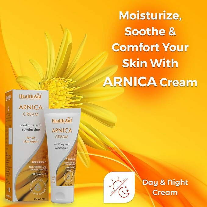 HealthAid Arnica Face Cream in a tube, showing the product label and packaging for soothing skin care.