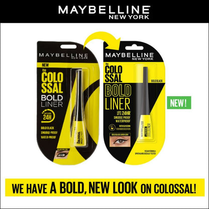 Maybelline New York Colossal Bold Pencil Eyeliner in black matte finish, shown with the pencil tip and product packaging.