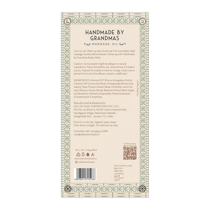 Old School Rituals handmade baby massage oil in a clear bottle, featuring a gentle, soothing formula for infant skin care.