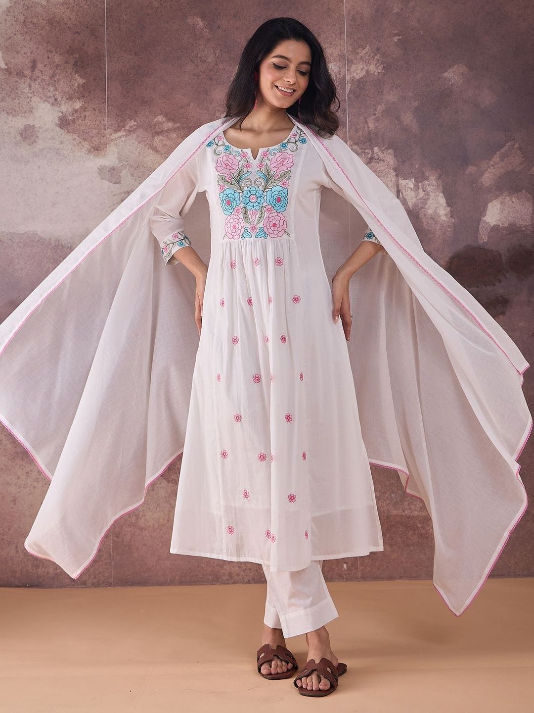 Floral Embroidered Thread Work Pure Cotton A-Line Kurta With Trousers & Dupatta
