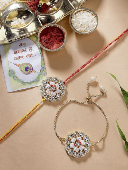 Anouk Kundan Studded & Beaded Floral Bhaiya Bhabhi Rakhi With Roli