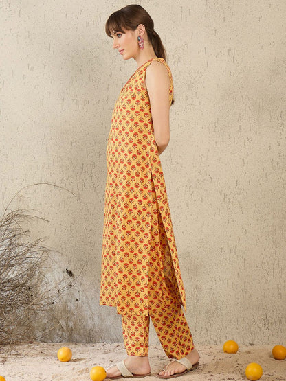 Ethnic Motifs Printed V-Neck Straight Pure Cotton Kurta With Trousers
