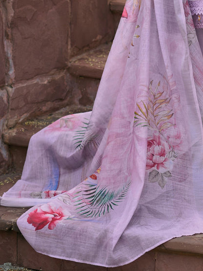 Indyancart IE Lavender Floral Embroidered Tie Up Neck Pure Cotton Kurta with Trousers & Dupatta