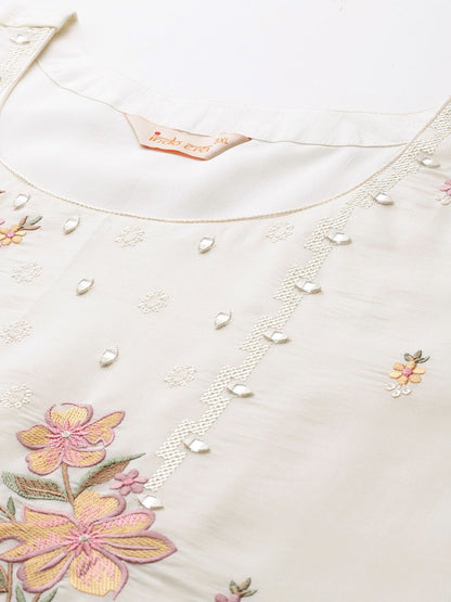 Indyancart Women's Floral Embroidered Mirror Work Kurta with Palazzos & Dupatta