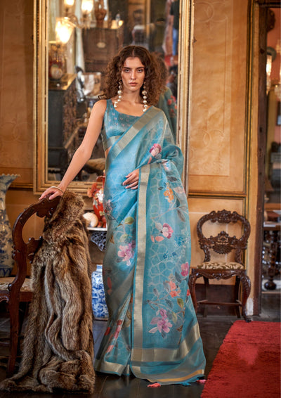 Indyancart GR Women's Queen Blue Banarasi Digital Soft Silk Saree